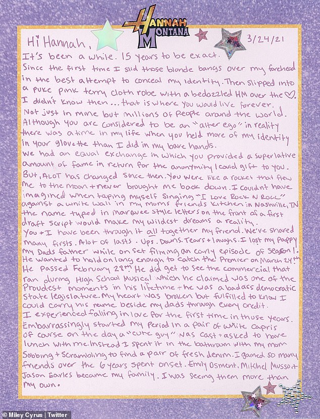 ""Miley Cyrus Pens Note To Hannah Montana on 15th Anniversary of Show