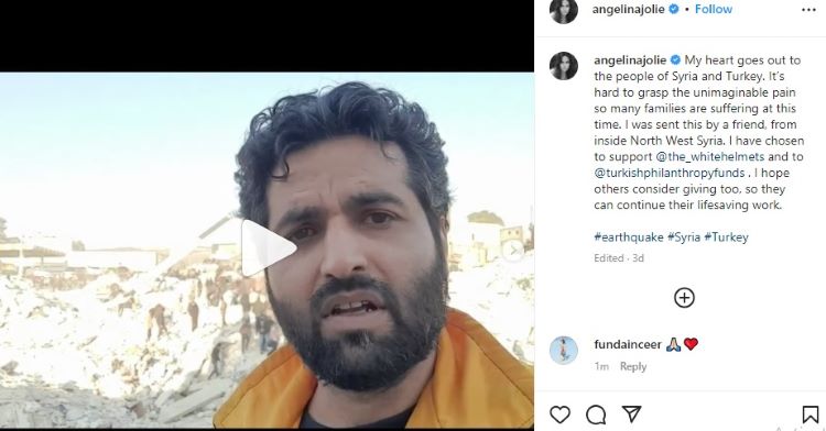 ""نشرت انجلينيا جولي عبر استغرام تعليقا تتعاطف فيه مع المتضررين من كارثة الزلزال قبل ان يشاع عنها انها عرضت تبني الطفلة اية