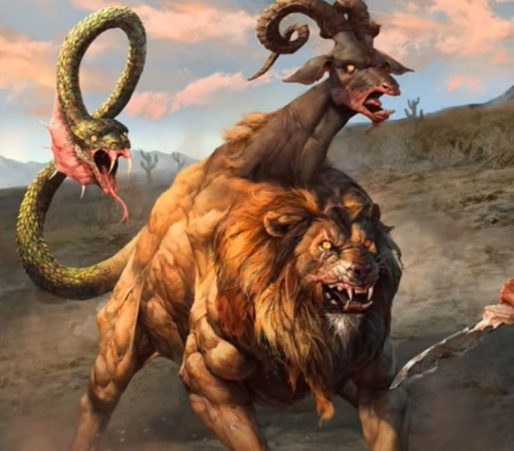 ""في الميثولوجيا الاغريقية، الخيمر (Chimera)، هو وحش برأس اسد وجسد ماعز وذيل افعى