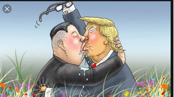 ""رسم كاريكاتوري ساخر يحاول تشخيص العلاقة بين الزعيمين ترامب وكيم