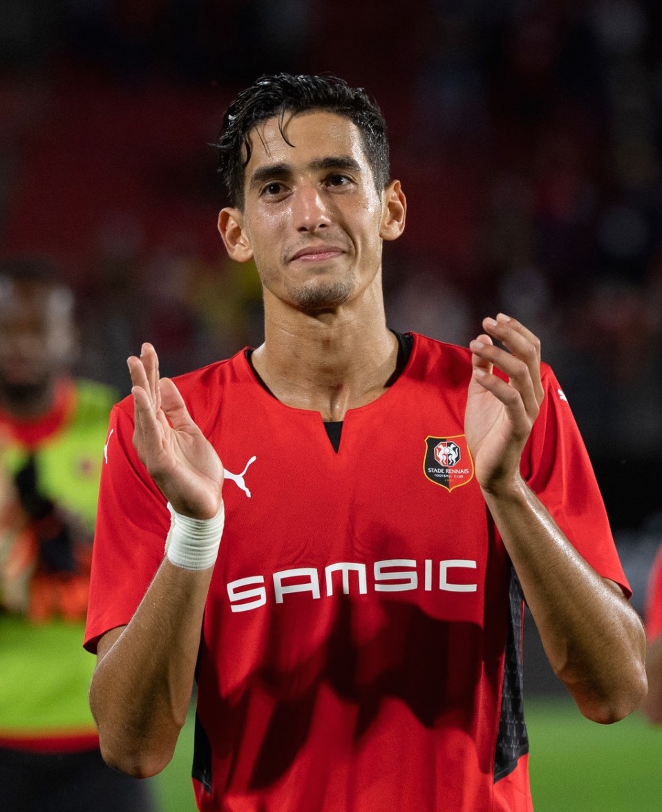 Rennes' Moroccan defender Nayef Aguerd celebrates after victory in the Conference Europa league football match between Rennes and Rosenborg at the Rohazon Park Stadium in Rennes, western France, on August 19, 2021. (Photo by LOIC VENANCE / AFP)