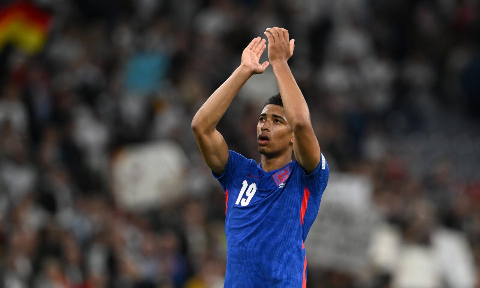 England's midfielder Jude Bellingham reacts after the UEFA Nations League football match Germany v England in Munich, southern Germany on June 7, 2022. (Photo by CHRISTOF STACHE / AFP)