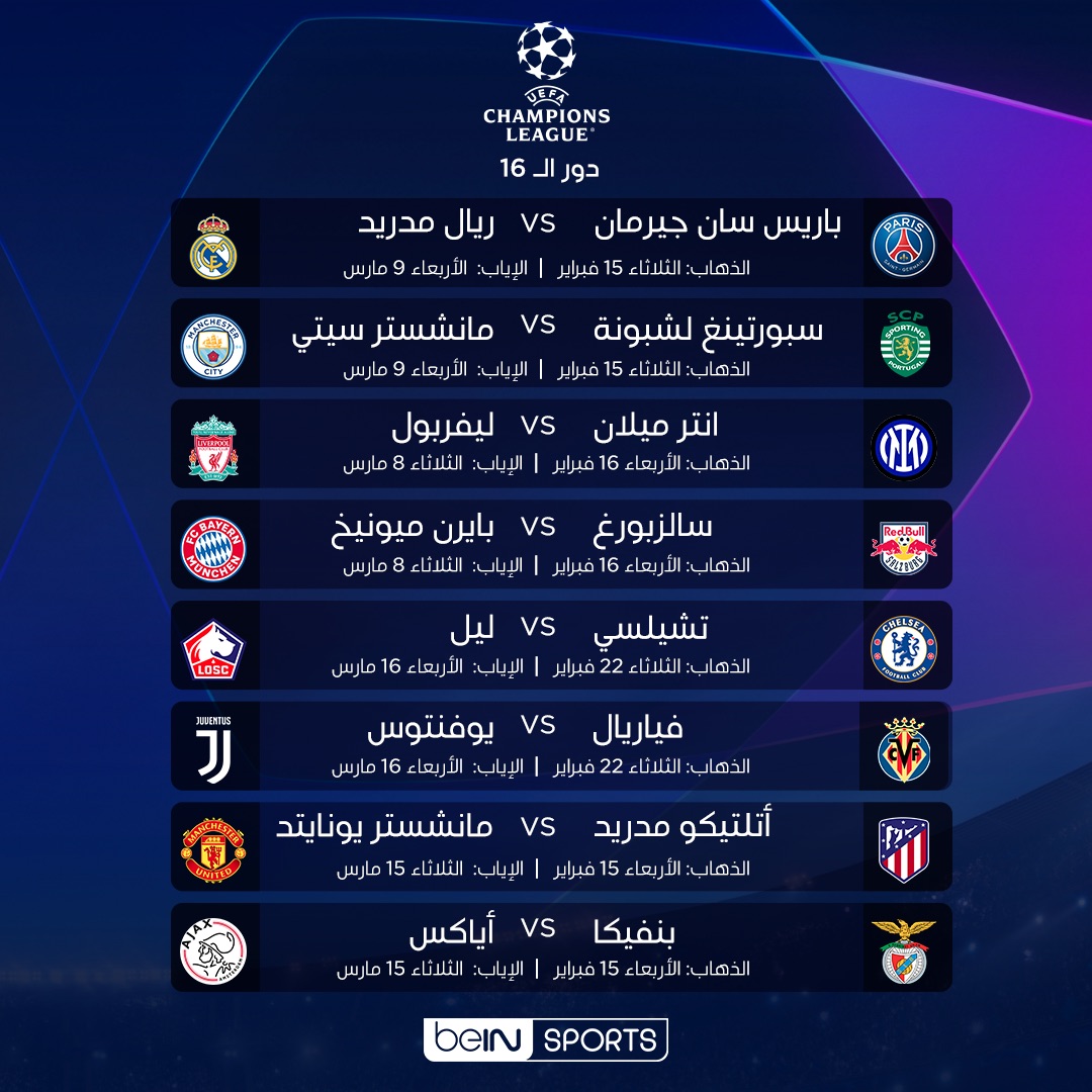 جدول دور الـ 16 من دوري أبطال أوروبا (المصدر: بي إن سبورتس)
