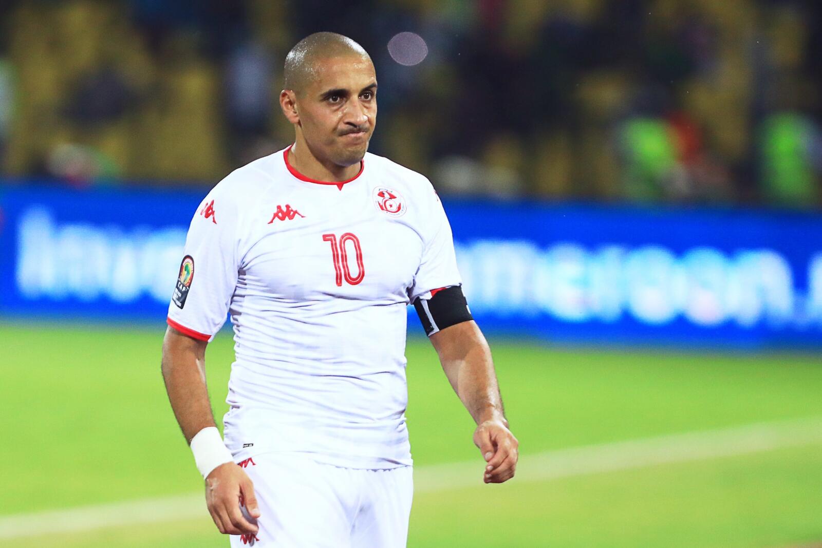 Tunisia's forward Wahbi Khazri reacts after winning the Africa Cup of Nations (CAN) 2021 round of 16 football match between Nigeria and Tunisia at Stade Roumde Adjia in Garoua on January 23, 2022. (Photo by Daniel BELOUMOU OLOMO / AFP)