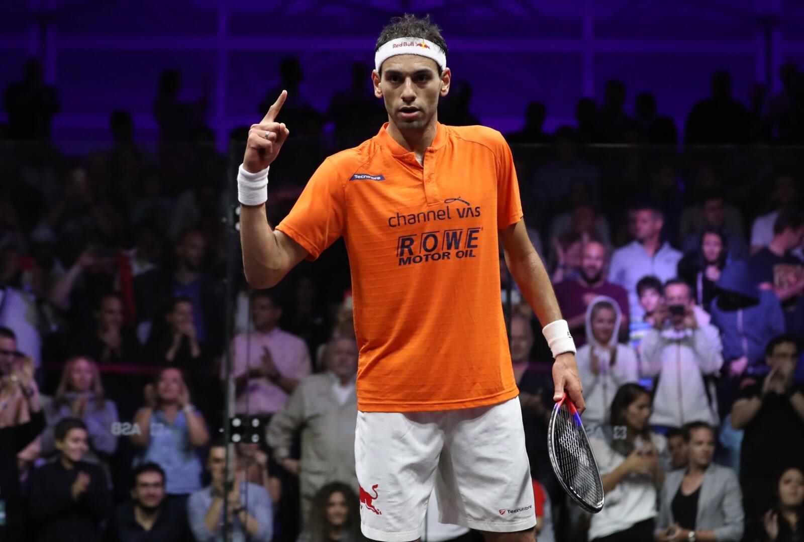 Egypt's Mohamed el-Shorbagy reacts after winning the PSA Dubai Squash World Series Finals 2018 at Dubai Emirates Golf club in Dubai on June 9, 2018. (Photo by KARIM SAHIB / AFP)