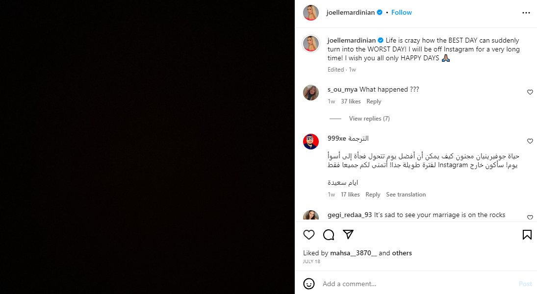 Joelle Mardinian returns to Instagram