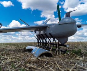 Ukrainian soldier uses a drone in Donbass