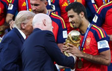 FIFA President Infantino and US President Trump hand World Cup trophy to Spanish player Rodri