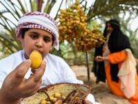 An Emirati holds up a freshly-picked date during the annual Liwa Date Festival in the western region of Liwa, south of Abu Dhabi on July 18, 2019. Karim SAHIB / AFP