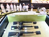This picture taken on August 31, 2019 shows various rifles and pistols on display during the Abu Dhabi International Hunting and Equestrian exhibition (ADIHEX) in the UAE capital Abu Dhabi.  KARIM SAHIB / AFP
