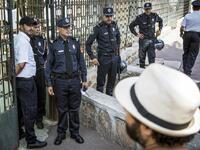 Moroccan security forces stand guard outside a courthouse holding the trial of Hajar Raissouni, a journalist of the daily newspaper Akhbar El-Youm, on charges of abortion, in the capital Rabat on September 9, 2019. FADEL SENNA / AFP