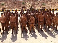 Turkish-backed fighters from al-Mutasim Brigade take part in a training at a camp near the Syrian town of Marea in the northern Aleppo district, on September 12, 2019. Nazeer Al-khatib / AFP