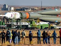 The Soyuz booster rocket FG with Soyuz MS-15 spacecraft is transported to the launch pad at the Russian-leased Baikonur cosmodrome in Kazakhstan on September 23, 2019. VYACHESLAV OSELEDKO / AFP