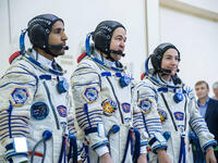 At the Gagarin Cosmonaut Training Center in Star City, Russia, spaceflight participant Hazzaa Ali Almansoori of the United Arab Emirates (left), Oleg Skripochka of Roscosmos (center) and Jessica Meir of NASA (right). (mage: NASA/Beth Weissinger)