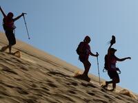 Women run down a sand dune as they take part in the desert trek "Rose Trip Maroc", on November 4, 2019 in the erg Chebbi near Merzouga. The Rose Trip Maroc is a female-oriented trek where teams of three must travel through the southern Moroccan Sahara desert with a compass, a map and a topographical reporter. JEAN-PHILIPPE KSIAZEK / AFP