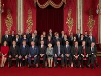 Leaders of Nato alliance countries, and its secretary general, join Queen Elizabeth II and the Prince of Wales for a group picture to mark 70 years of the alliance. Back row, from left: Xavier Bettel, Prime Minister of Luxembourg; Egils Levits, President of Latvia; Gitanas Nauseda, President of Lithuania; Dusko Markovic, Prime Minister of Montenegro; Erna Solberg, Prime Minister of Norway; Mark Rutte, Prime Minister of Netherlands; Zuzana Caputova, President of Slovakia; Andrzej Duda, President of Poland; A