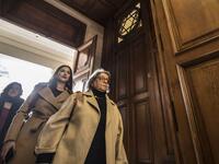 Magda Haroun (R), one of the leaders of the Egyptian Jewish community in the capital Cairo visits the newly renovated Eliyahu Hanavi synagogue in the northwestern Egyptian city of Alexandria on January 10, 2020, on the day of its inauguration. The synagogue, boasting green and violet stained glass windows and towering marble columns, was built in its current form in 1850 by an Italian architect on top of the original edifice dating back to 1354. Khaled DESOUKI / AFP