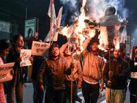 Protesters set fire to effigies of the prime minister and vandalised two BJP offices [Biju Boro/ AFP] 
