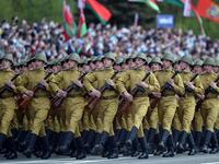 Belarus' servicemen wearing historical uniforms take part in a military parade to mark the 75th anniversary of the Soviet Union's victory over Nazi Germany in World War Two, in Minsk on May 9, 2020. Sergei GAPON / AFP