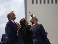 President Donald Trump (L) Second Lady Karen Pence (C) Vice President Mike Pence (R) watch from the rooftop of the Operational Building at NASA during the launch of the SpaceX Falcon 9 rocket with NASA astronauts Bob Behnken (R) and Doug Hurley aboard the rocket from the Kennedy Space Center on May 30, 2020 in Cape Canaveral, Florida. The inaugural flight is the first manned mission since the end of the Space Shuttle program in 2011 to be launched into space from the United States. Saul Martinez/Getty Image