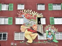 Within the scope of the project launched in Mersin, the walls of the old apartment buildings painted by Nazife Bilgin Hazar are decorated with the works of famous painters. (Twitter/@doganburak29)