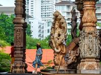 This photograph taken on September 2, 2020 shows tourists visiting the all wooden Sanctuary of Truth Hindu-Buddhist temple and museum in Pattaya. Mladen ANTONOV / AFP