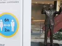 A statue of Nelson Mandela stands at an empty entrance at the United Nations September 22, 2020 during the 75th General Assembly of the United Nations which is mostly virtual due to the covid-19 pandemic in New York. UN Secretary-General Antonio Guterres urged the world to prevent a Cold War between the United States and China and halt conflicts so it can focus on the covid-19 pandemic. TIMOTHY A. CLARY / AFP
