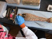 An archaeologist cleans a statue during the unveiling of an ancient treasure trove of more than a 100 intact sarcophagi, at the Saqqara necropolis 30 kms south of the Egyptian capital Cairo, on November 14, 2020. Egypt announced the discovery of an ancient treasure trove of more than a 100 intact sarcophagi, the largest such find this year. The sealed wooden coffins, unveiled on site amid fanfare, belonged to top officials of the Late Period and the Ptolemaic period of ancient Egypt. They were found in thre