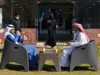 Journalists are pictured at the media centre ahead of the 41st Gulf Cooperation Council (GCC) summit in the city of Al-Ula in northwestern Saudi Arabia on January 5, 2021.FAYEZ NURELDINE / AFP