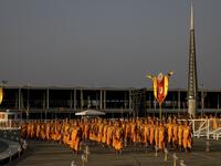 Buddhist monks arrive for Makha Bucha celebrations at Wat Dhammakaya, north of Bangkok on February 26, 2021. Jack TAYLOR / AFP