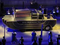 The carriage carrying the mummy of Pharaoh Seqenenre Tao II (1558–1555 BC) advances as part of the parade of 22 ancient Egyptian royal mummies 