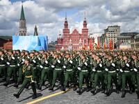Russian servicemen march along Red Square in Moscow 