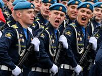 Russian servicemen shout during the Victory Day military parade at Red Square in Moscow on May 9, 2021. Russia celebrates the 76th anniversary of the victory over Nazi Germany during World War II. 