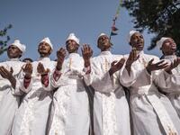 Ethiopian Orthodox devotees chant during the religious celebration of Saint Michael in the city of Bahir Dar, Ethiopia