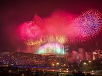 This photo shows fireworks exploding during an art performance held at the Bird's Nest national stadium to mark the upcoming 100th anniversary of the founding of the Chinese Communist Party, in Beijing. STR / AFP