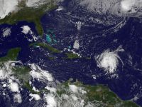 This October 13, 2014 NASA GOES Project satellite photo shows Tropical Storm Gonzalo(Lower-R) near the Leeward Islands in the western Atlantic Ocean. Tropical Storm Gonzalo gained strength Monday, prompting hurricane watch advisories for Puerto Rico and the Virgin Islands, forecasters said. The storm was expected to become a hurricane by nighttime or Tuesday, the National Hurricane Center in Miami said in its latest bulletin. AFP 6.5-magnitude earthquake rattles Leeward Islands