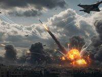 مشهد حربي واقعي بين إسرائيل وإيران، صراع عسكري حديث، مقاتلات في السماء، صواريخ تطلق، وأعمدة الدخان تتصاعد.