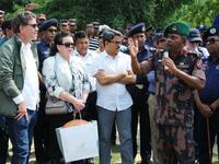 Bangladesh Border Guard 34 Battalion Commander Lt Col Manjurul Hasan (R) speaks during the high-level 15-member delegation of the UN Security Council visit to Tombru in the Bangladeshi district of Bandarban on April 29, 2018. AFP