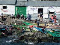 A picture taken on October 5, 2018, shows dried Nile Perches on Migingo island which is densely populated by residents fishing mainly for Nile perch in Lake Victoria on the border of Uganda and Kenya. 
Yasuyoshi CHIBA / AFP