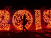 This photo taken on December 20, 2018 shows a woman walking past illuminated decorations at a lighting display in Handan in China's northern Hebei province. 
STR / AFP