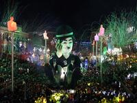 A float with a giant effigy of Charles Chaplin parades during the Nice carnival parade on February 16, 2019 in Nice, southeastern France. 
VALERY HACHE / AFP