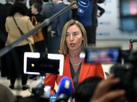 European Union Foreign Policy Chief Federica Mogherini speaks to the press during the first joint European Union and Arab League summit at the International Congress Centre in the Egyptian Red Sea resort of Sharm el-Sheikh, on February 24, 2019. 
Khaled DESOUKI / AFP