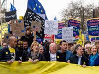 British parliamentarians and members of The Independent Group (L-R) Chuka Umunna, Anna Soubry, Mike Gapes, Gavin Shuker, Chris Leslie and Sarah Wollaston attend a march and rally organised by the pro-European People's Vote campaign for a second referendum in central London on March 23, 2019. 
Niklas HALLE'N / AFP