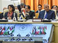 Egyptian Foreign Minister Sameh Shoukry (R) and Mounia Boucetta (L), Morocco's Secretary of State for Foreign Affairs and International Cooperation, attend the preparatory meeting for Arab League foreign ministers in Tunis on March 29, 2019 ahead of the 30th annual Arab League summit. 
FETHI BELAID / AFP