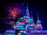 Fireworks explode over a makeshift palace during abbot Kay Lar Tha's funeral in Mudon, Mon State. 
Ye Aung THU / AFP