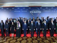 Polish Foreign Minister Jacek Czaputowicz, US Vice President Mike Pence, Poland's President Andrzej Duda, Israel's Prime Minister Benjamin Netanyahu, US Secretary of State Mike Pompeo pose for a family photo at the conference on Peace and Security in the Middle East in Warsaw, on February 13, 2019. 
