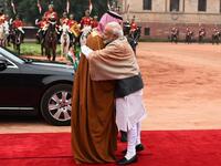 Saudi Crown Prince Mohammed bin Salman (L) and India's Prime Minister Narendra Modi (R) embrace during a ceremonial reception at the presidential palace in New Delhi (Twitter)