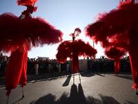 Artists take part in the Nice Carnival parade in Nice, southeastern France, on February 16, 2019. The 135th carnival runs from February 16 to March 2, 2019 and celebrates this year the "King of Cinema". 
VALERY HACHE / AFP