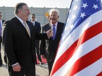 US Secretary of State Mike Pompeo (L) meets with US ambassador to Israel David Friedman (C) upon his arrival at Ben Gurion International Airport, near the Israeli city of Tel Aviv on March 20, 2019.
JIM YOUNG / POOL / AFP