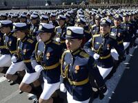 Russian servicewomen march at Dvortsovaya Square during the Victory Day military parade in Saint Petersburg on May 9, 2018. Russia marks the 73rd anniversary of the Soviet Union's victory over Nazi Germany in World War Two.
OLGA MALTSEVA / AFP